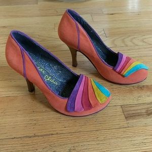 Orange rainbow suede pumps